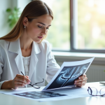 Jeune femme comparant documents d'assurance dentaire et optique