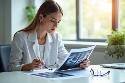 Jeune femme comparant documents d'assurance dentaire et optique