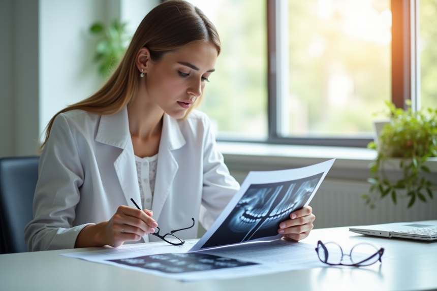 Jeune femme comparant documents d'assurance dentaire et optique