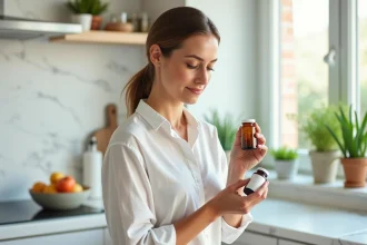 Femme examinant un complément minceur naturel dans une cuisine moderne et saine