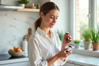 Femme examinant un complément minceur naturel dans une cuisine moderne et saine