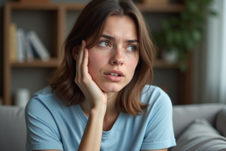 Jeune femme en t-shirt bleu dans un intérieur cosy
