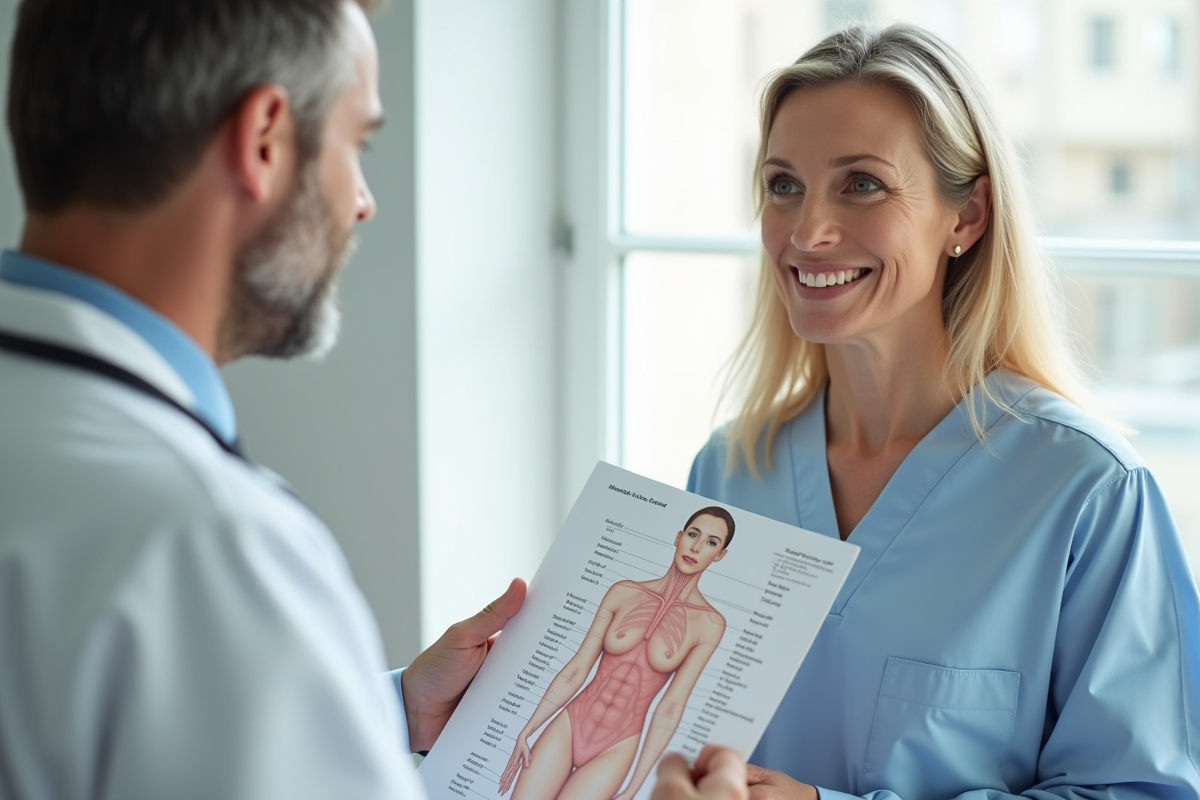 Femme discutant avec un dermatologue dans un cabinet lumineux