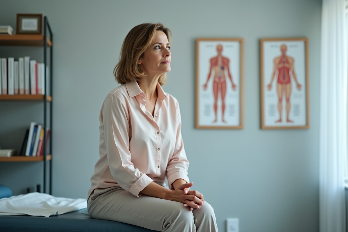 Femme pensive en consultation médicale dans un cabinet moderne