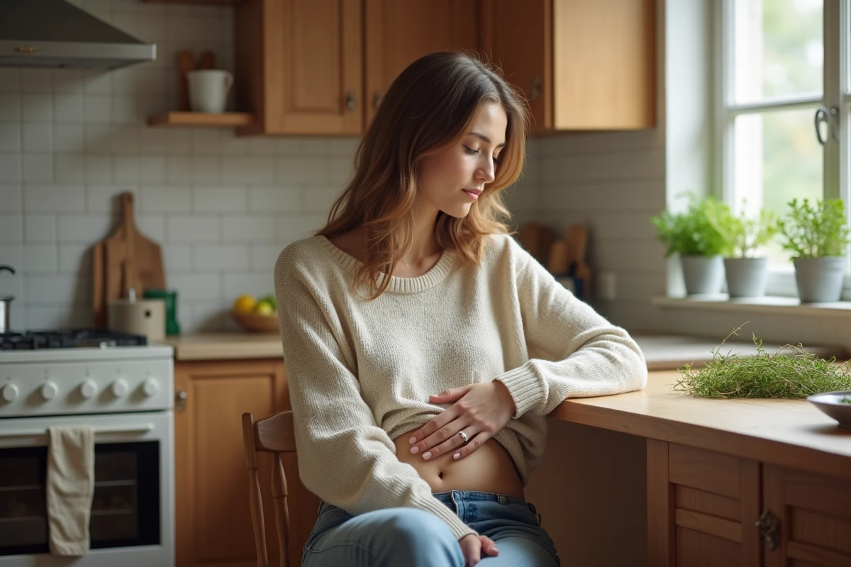 Femme assise dans une cuisine chaleureuse et cosy