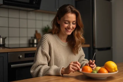 Femme souriante préparant un bol de fruits frais dans la cuisine