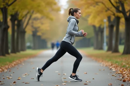 Femme en étirement du mollet avant course dans un parc