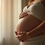 Femme enceinte tenant son ventre dans une ambiance douce et naturelle