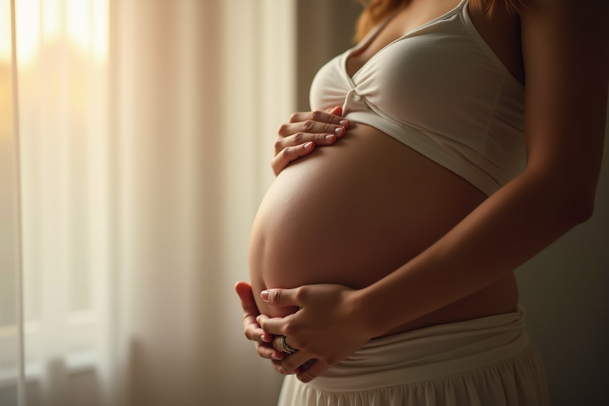 Femme enceinte tenant son ventre dans une ambiance douce et naturelle
