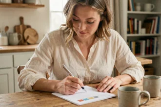Femme enceinte calculant la date du terme avec un calendrier et un stylo à la main, assise dans une cuisine chaleureuse