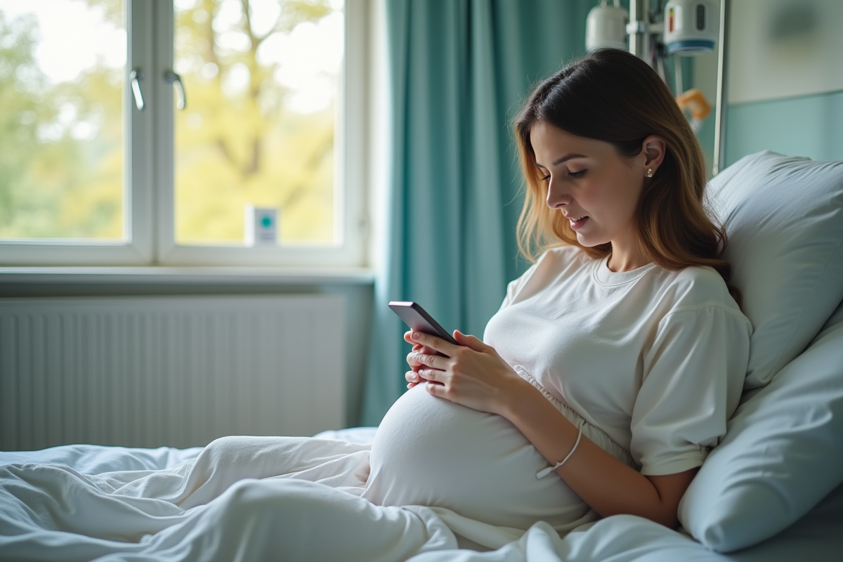 Femme enceinte en maternité utilisant son smartphone pour suivre les contractions