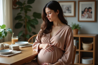 Femme enceinte dans son intérieur chaleureux et naturel