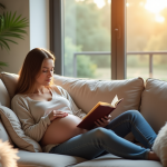 Femme enceinte lisant dans un salon lumineux et confortable