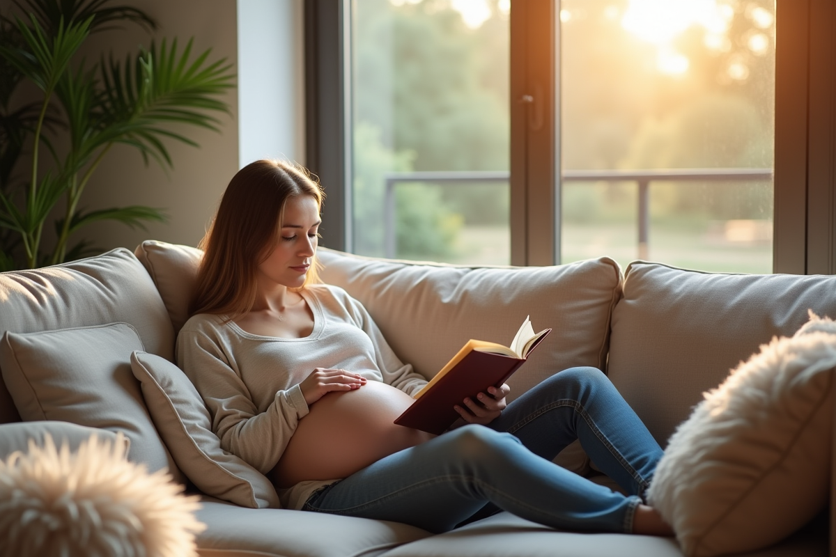 Femme enceinte lisant dans un salon lumineux et confortable