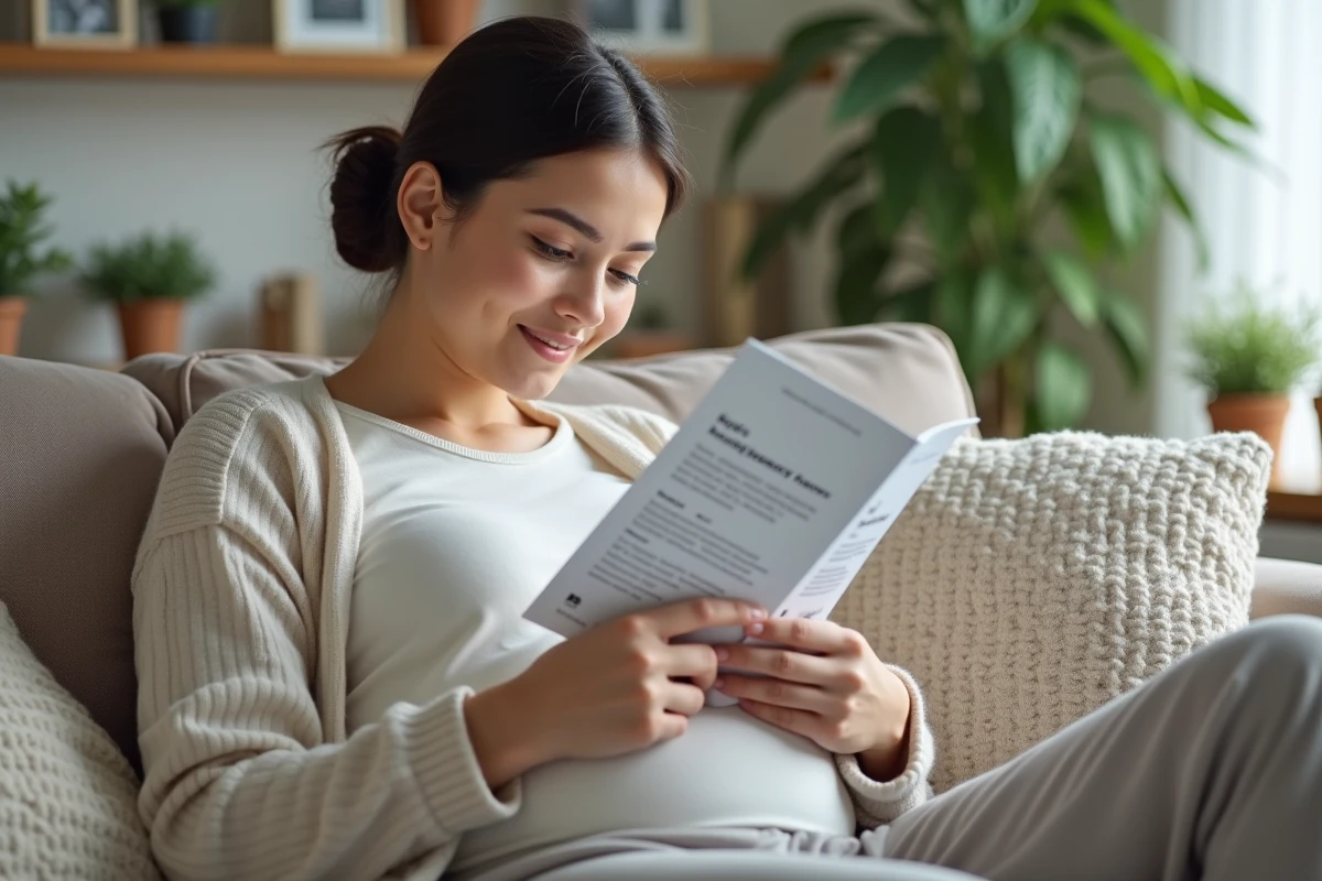 Jeune femme enceinte lit un livret à la maison