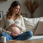 Femme enceinte assise sur un canapé à la maison en réflexion