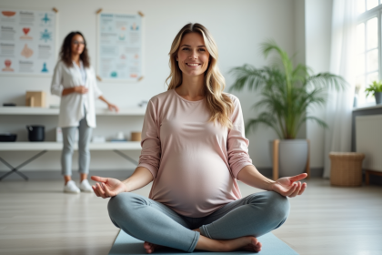 Femme enceinte souriante lors d'une séance de respiration