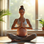 Femme enceinte pratiquant le yoga dans un salon lumineux