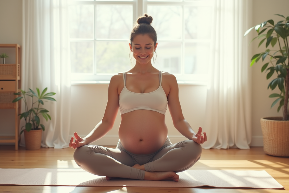Femme enceinte pratiquant yoga doux dans une chambre lumineuse