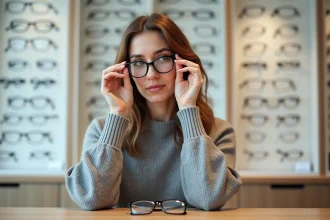 Femme essayant des montures de lunettes chez un opticien tout en évaluant l'épaisseur des verres correcteurs