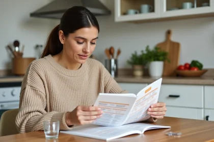 Femme consultant un programme de repas Comme J'aime à sa table de cuisine, évaluant le rapport qualité-prix