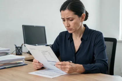 Femme examinant un formulaire de questionnaire risque professionnel Ameli à son bureau