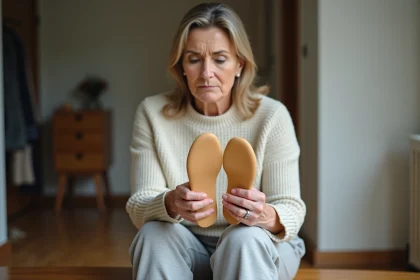 Femme examinant des semelles orthopédiques avec un regard sceptique, illustrant les doutes sur les semelles Akusoli