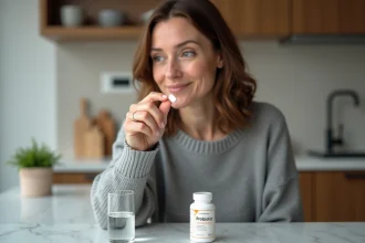 Femme tenant une gélule de probiotique dans une cuisine moderne, illustrant le choix d'un probiotique pendant une cure d'antibiotiques
