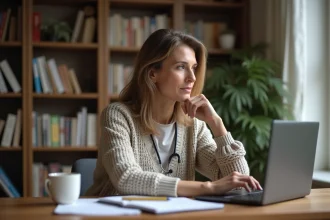Femme d'âge moyen dans un bureau à domicile en train de lire des articles santé