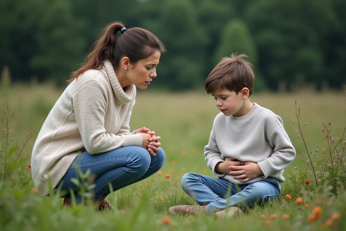 Femme inquiète avec un adolescent dans un champ