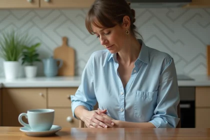 Femme d'âge moyen en blouse bleue dans la cuisine