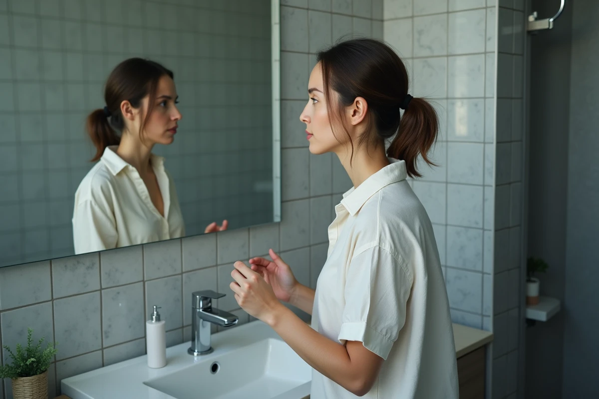 Femme face à son miroir dans une salle de bain, regard introspectif reflétant une prise de conscience dans une relation toxique