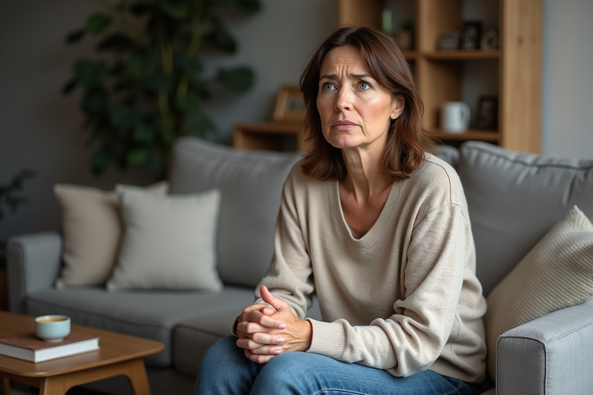 Femme d'âge moyen en réflexion dans un salon sobre