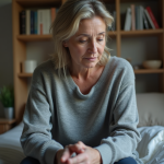 Femme d'âge moyen en réflexion dans une chambre modeste