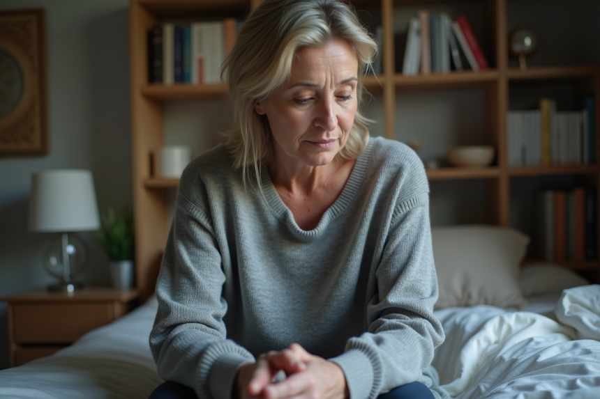Femme d'âge moyen en réflexion dans une chambre modeste