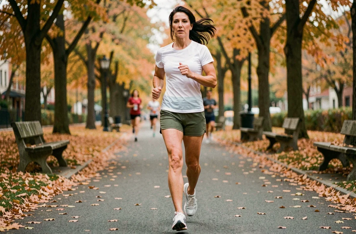 Femme active faisant du jogging dans un parc urbain en automne, représentant l'exercice physique régulier comme habitude pour maintenir un tour de taille sain