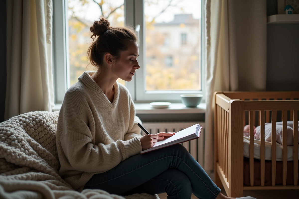 Femme pensant en journalisant près de son bébé endormi