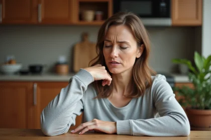 Femme se grattant le dos de la main gauche à table dans une cuisine, expression préoccupée