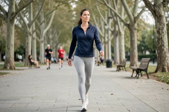 Femme pratiquant la marche sportive sur un chemin plat en parc urbain, illustrant l'effort physique des 10000 pas quotidiens