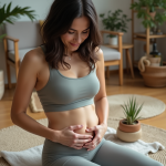 Femme se massant le ventre avec huile végétale dans un salon cosy