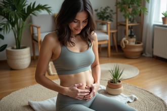 Femme se massant le ventre avec huile végétale dans un salon cosy