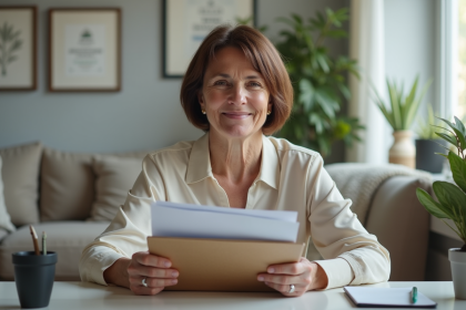 Femme d'âge moyen tenant un dossier MDPH dans un salon accueillant