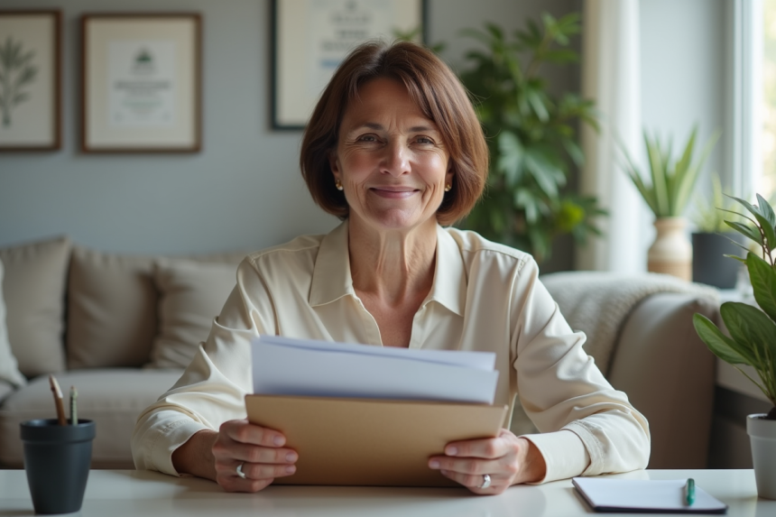 Femme d'âge moyen tenant un dossier MDPH dans un salon accueillant