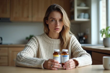 Femme examine deux médicaments dans la cuisine chaleureuse