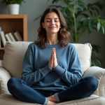 Femme méditant dans un salon cosy avec bibliothèque