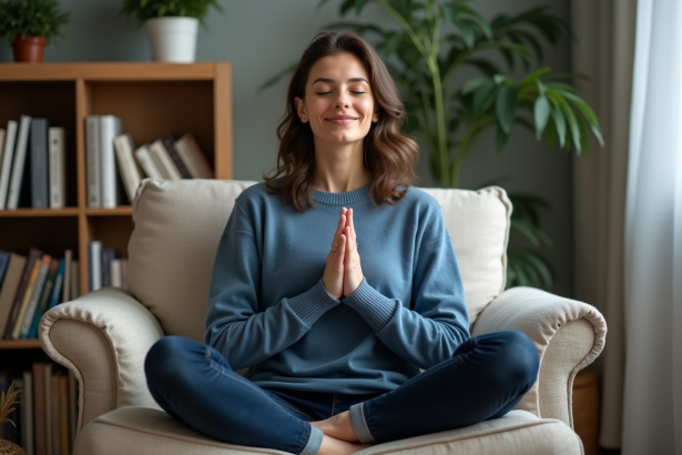 Femme méditant dans un salon cosy avec bibliothèque