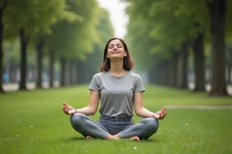 Femme en méditation dans un parc verdoyant