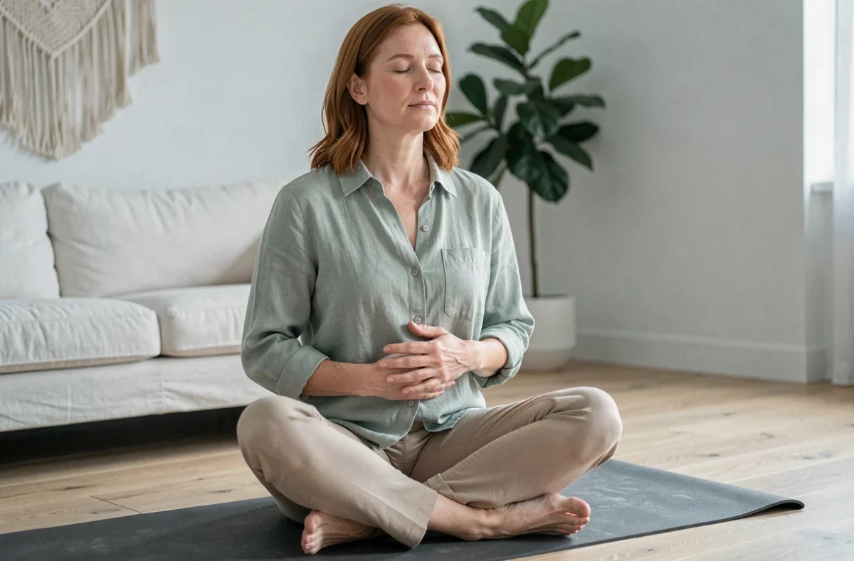 Femme pratiquant la méditation et la pleine conscience chez elle sur un tapis de yoga, illustrant la gestion du stress comme habitude essentielle pour un tour de taille équilibré