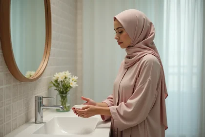 Femme en hijab dans une salle de bain moderne