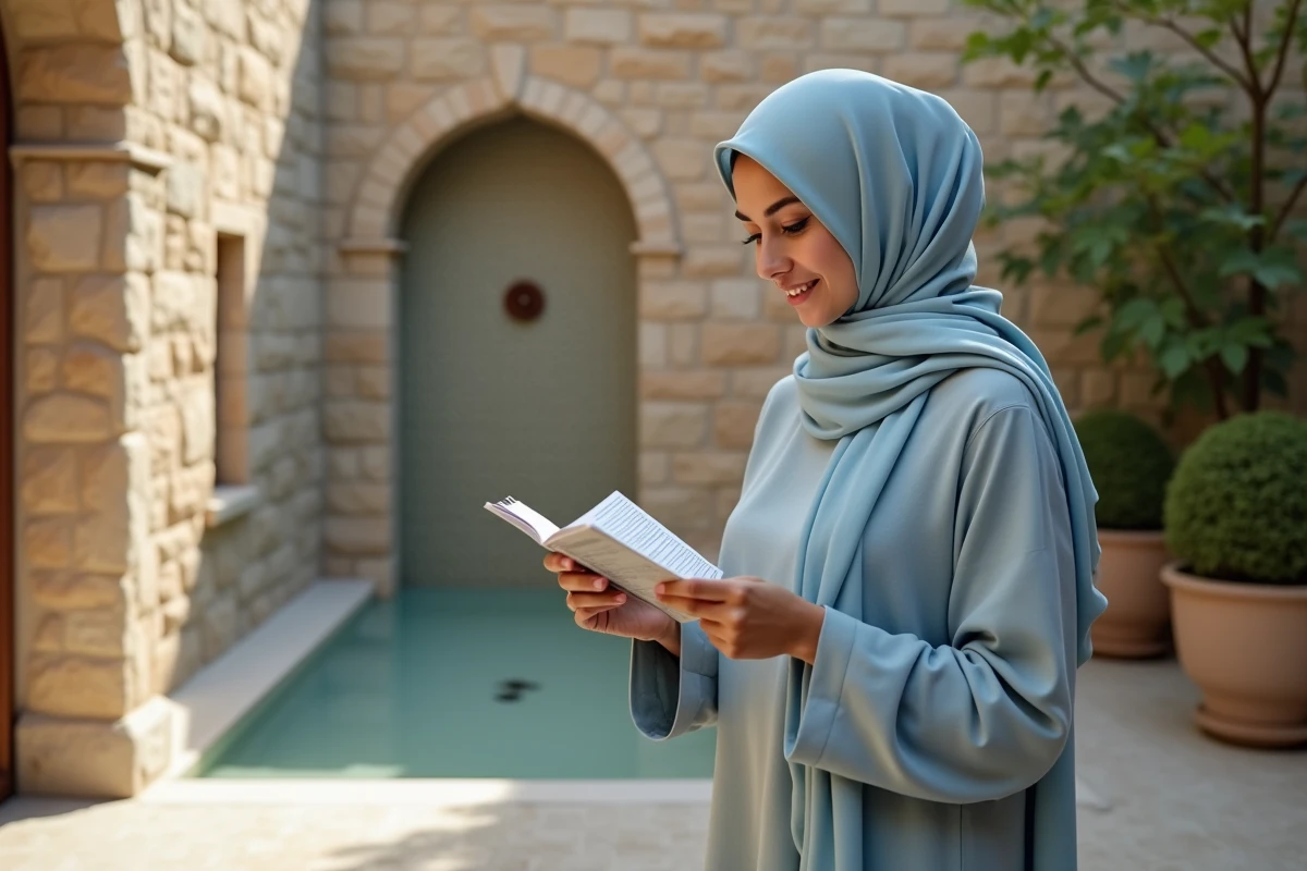 Jeune femme musulmane consulte un livret dans un patio